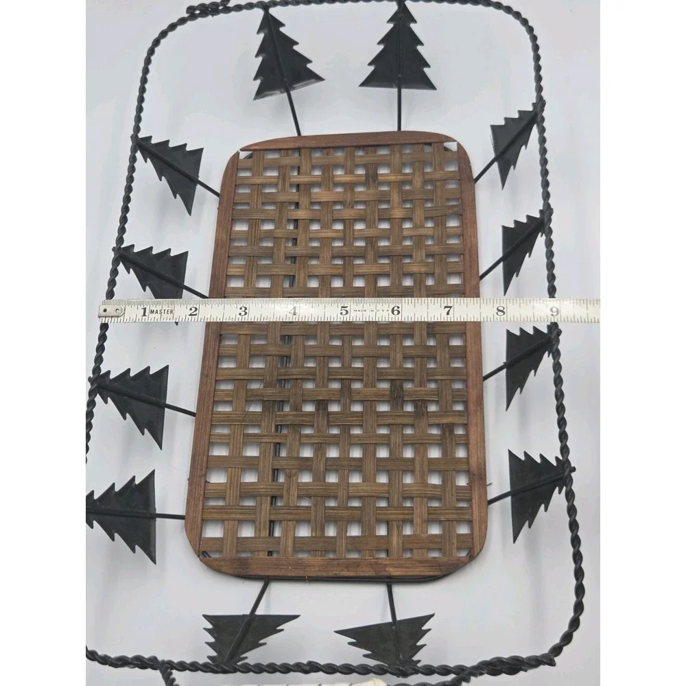 Vintage Wicker Wire Pine Tree Rectangle Bread Basket Tray Handles Holiday